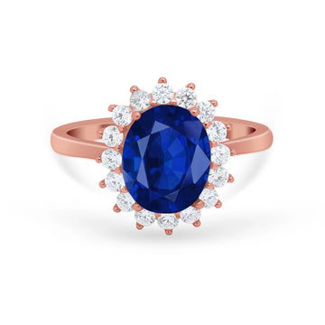 Halo Floral Oval Engagement Bridal Ring Rose Tone, Simulated Blue Sapphire CZ 925 Sterling Silver